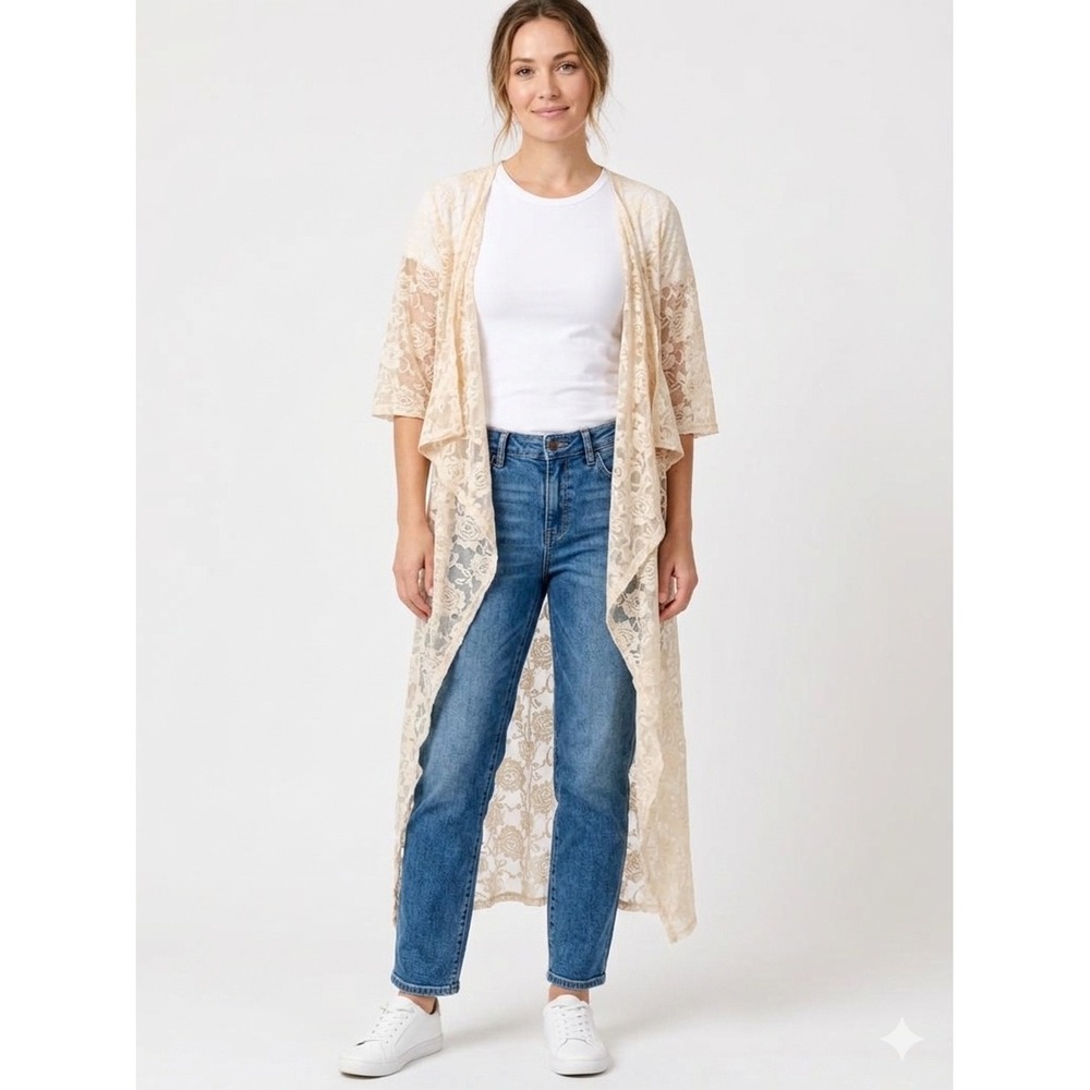 LuLaRoe Shirley Kimono Wrap Cream Floral Lace Duster Cardigan Small Boho Layer